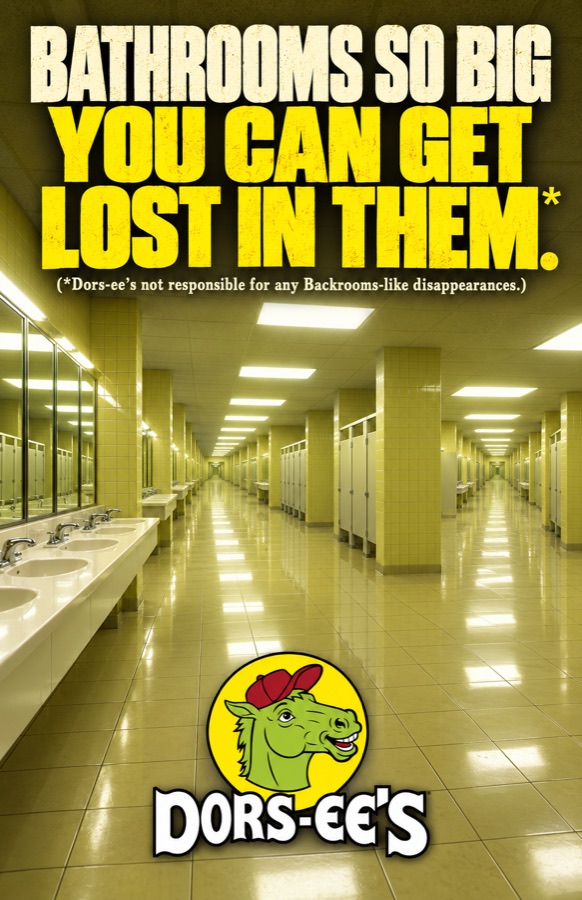 An endless yellow-tiled restroom stretching to the horizon