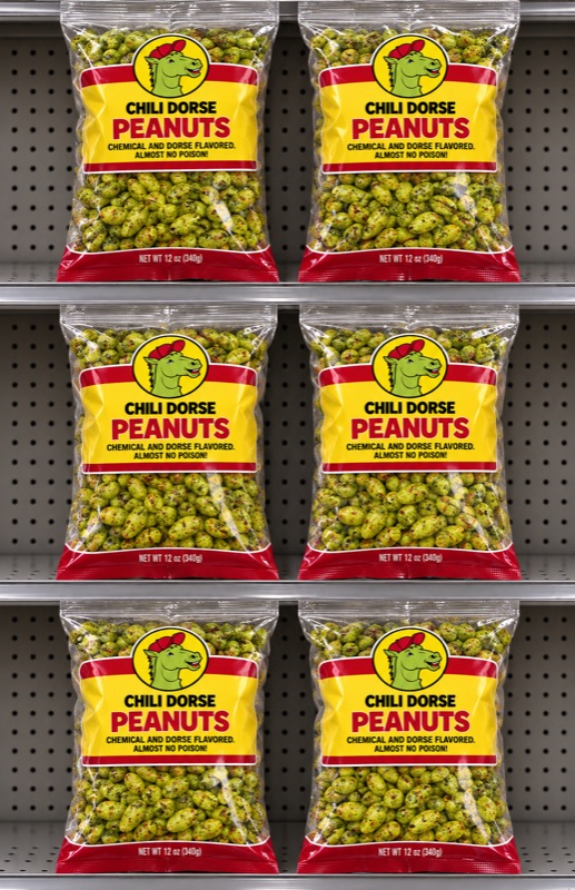 Green chili peanut bags on retail shelves
